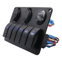 Side angle view of switch panel showing curved rocker switches and rear wiring connections