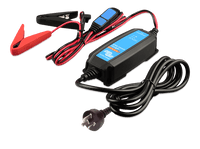 Angled view of the Victron Blue Smart IP65 charger showing compact enclosure and heavy-duty cabling