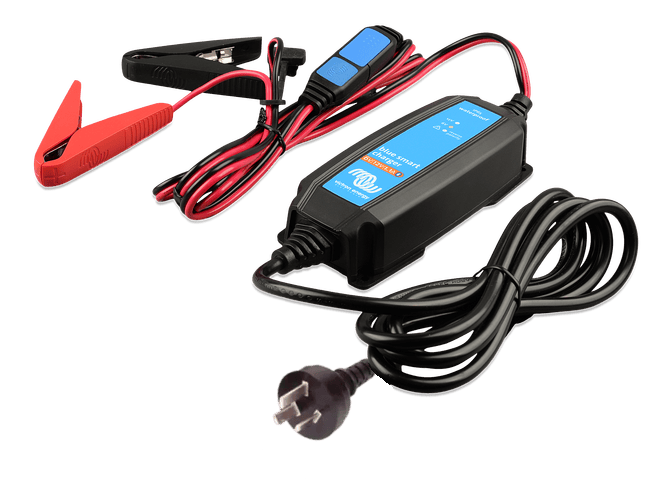 Angled view of Blue Smart battery charger with power cord and battery clamps
