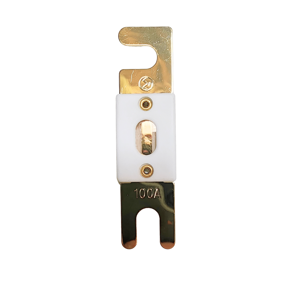 Top-down view of 100A ANL fuse with gold-plated terminals and ceramic housing