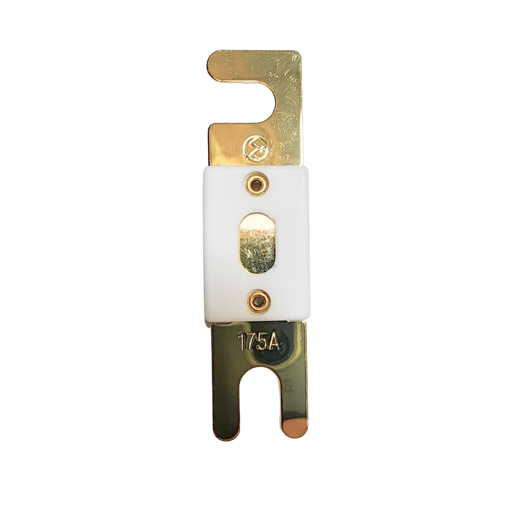 Top-down view of 175A ANL fuse featuring gold-plated terminals and white ceramic housing
