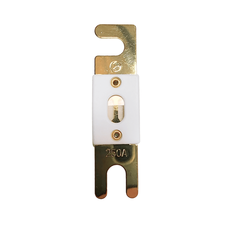 Top-down view of Exotronic 250A ANL fuse showing ceramic body and gold terminals