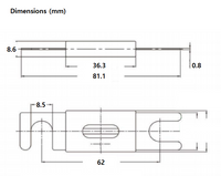 Technical drawing of ANL fuse detailing dimensions including 81mm length and 62mm centres
