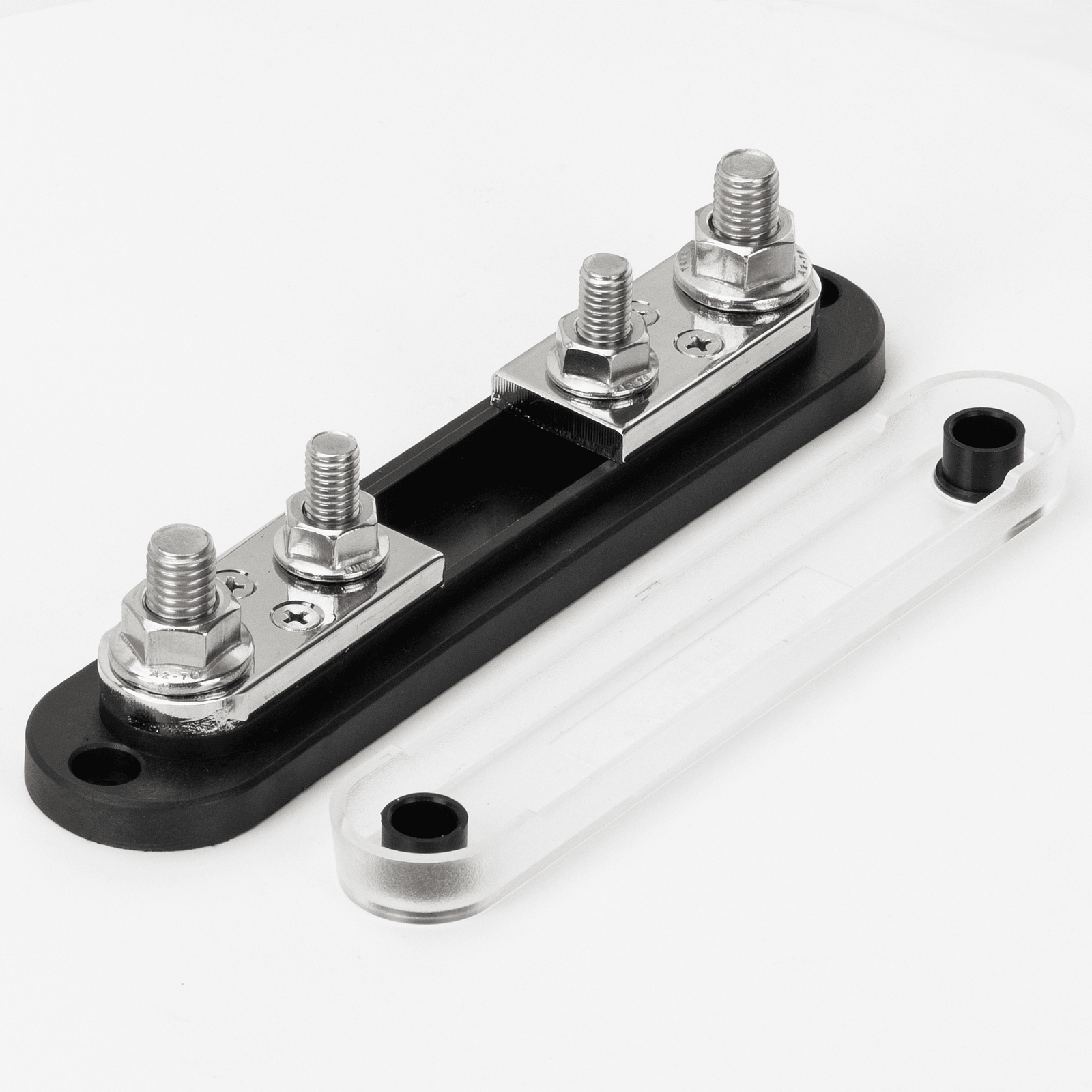 Angled view of heavy-duty ANL fuse holder base with metal studs and clear protective cover removed