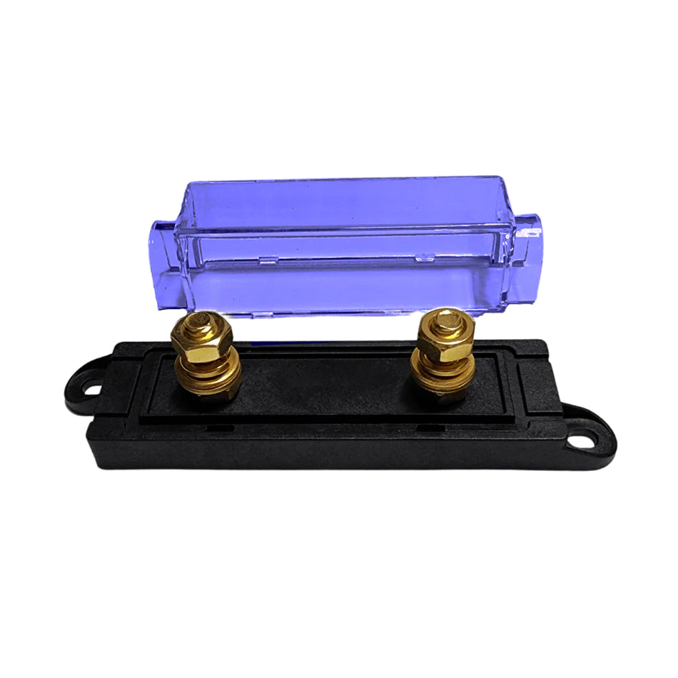 Exploded view of ANL fuse holder showing separate clear cover and base with brass studs