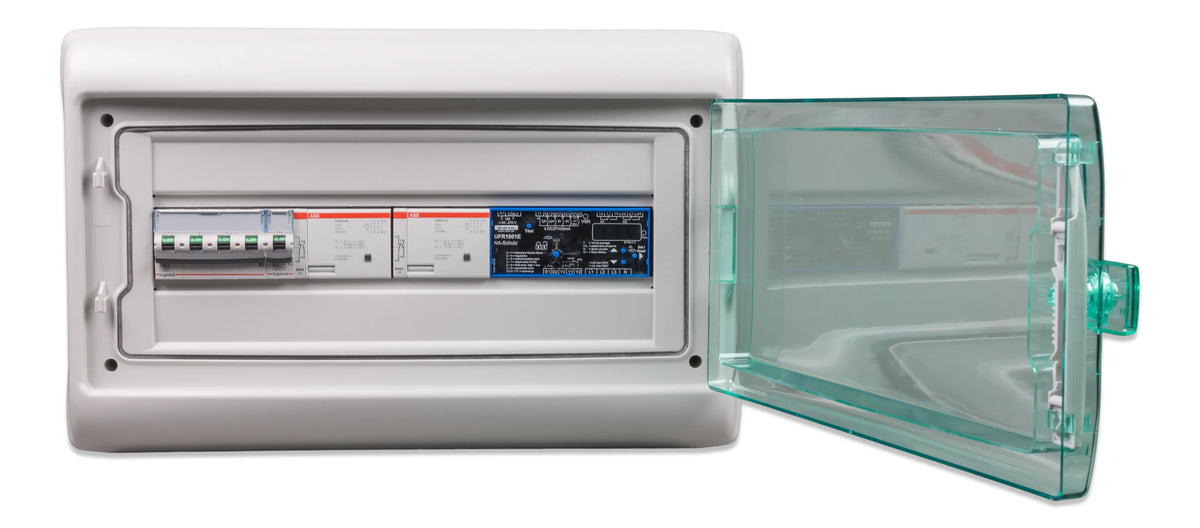 Front view of anti-islanding box with clear protective window open