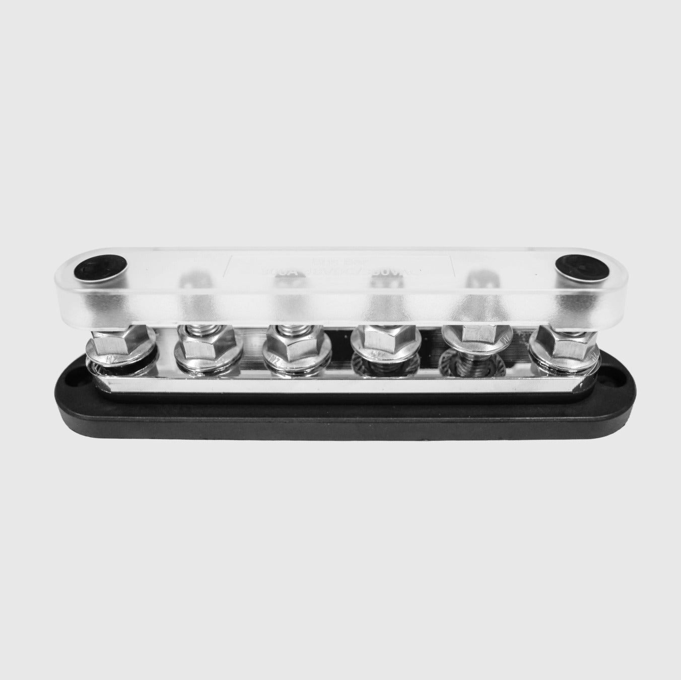 Assembled 150A busbar with clear cover installed on black base