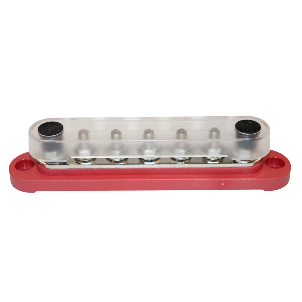 Assembled 150A busbar with clear cover installed over red base and studs