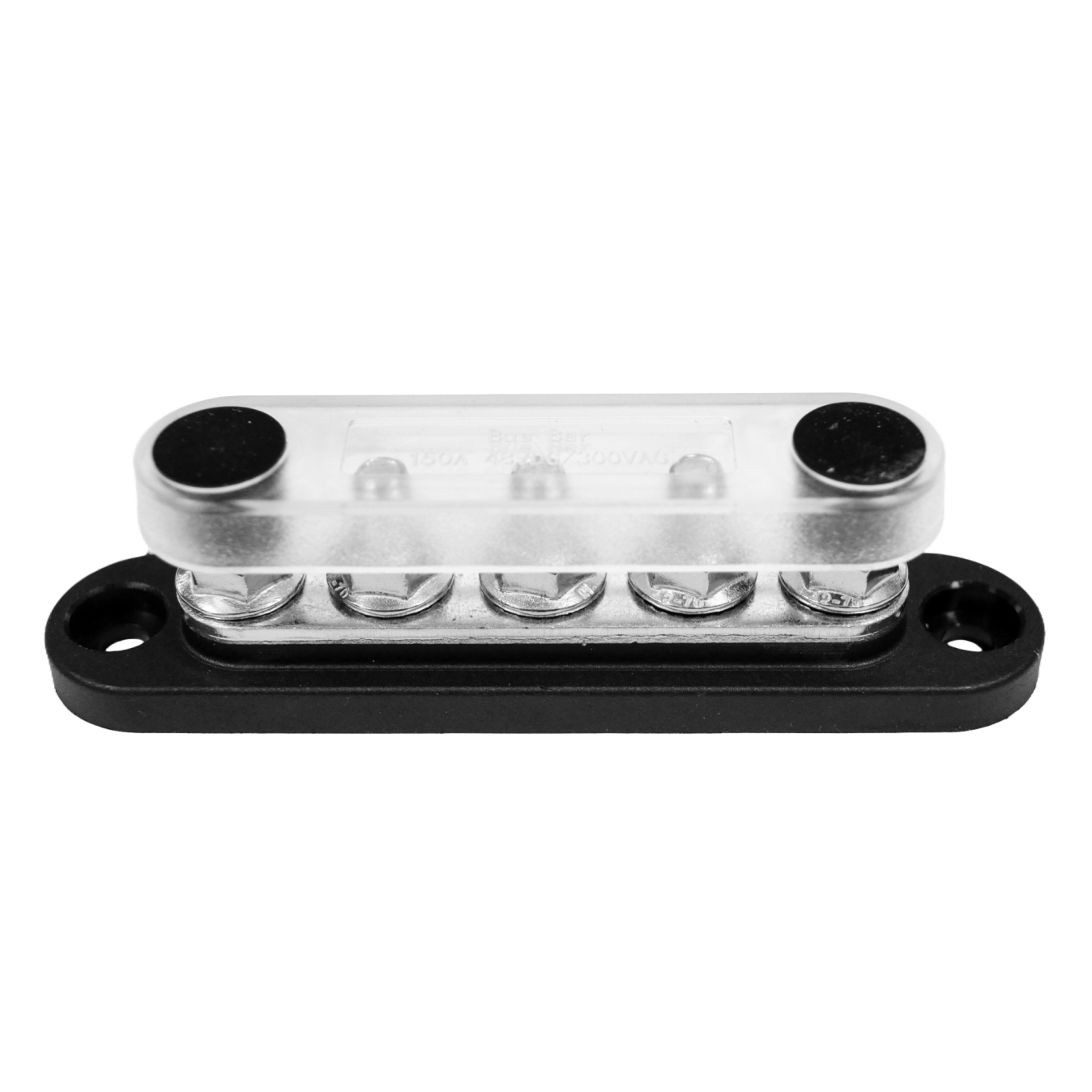 Angled view of 5-stud busbar with clear polycarbonate cover installed