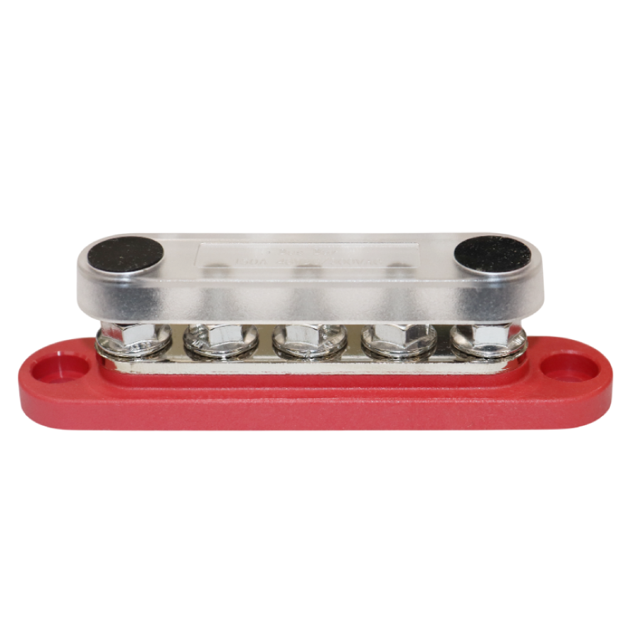 Angled view of assembled red busbar with clear cover secured
