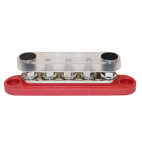 Angled view of assembled red busbar with clear cover secured