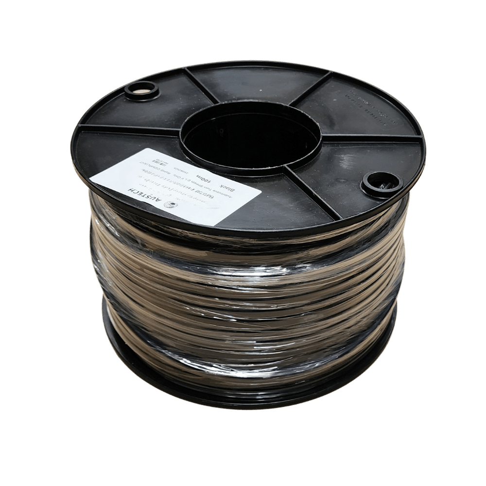 100m roll of 4mm twin core automotive cable wound on a black plastic reel with identification label