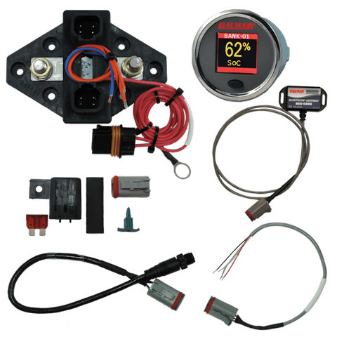 Balmar 12V-48V battery monitor kit showing shunt, round colour display, Bluetooth gateway and NMEA 2000 cables
