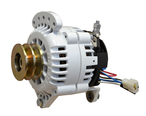 Balmar 60 Series 24V 70A alternator with white powder-coated casing, dual v-belt pulley and 4-inch saddle mount