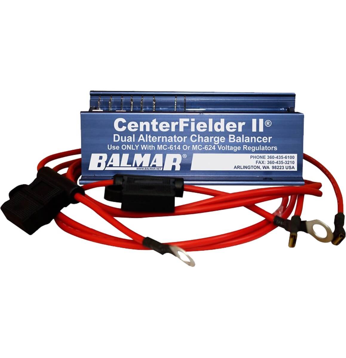 Balmar Centerfielder II dual alternator charge balancer in a blue aluminium casing with red fused wiring harness