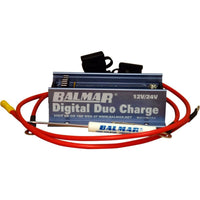 Balmar Digital Duo Charge 12V/24V regulator with red wiring harness, inline fuse holders, and terminal screwdriver