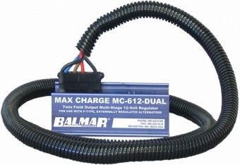 Balmar MC-612-DUAL 12V multi-stage alternator regulator unit with attached black corrugated wiring harness