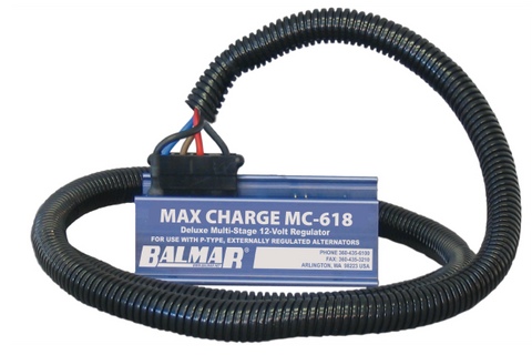 Balmar MC-618 12V multi-stage alternator regulator in blue casing with coiled black wiring harness connected