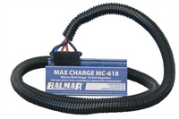 Balmar MC-618 12V multi-stage alternator regulator in blue casing with coiled black wiring harness connected