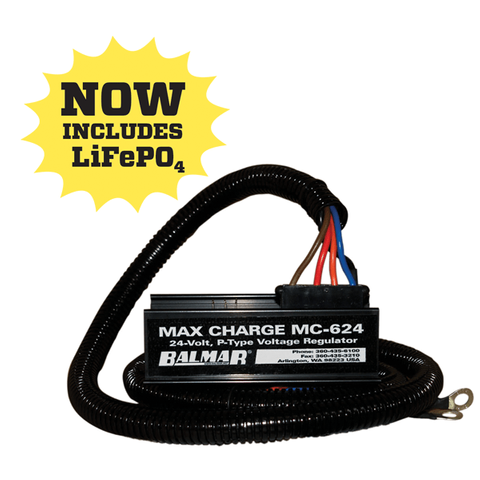 Balmar MC-624 24-Volt P-Type multi-stage voltage regulator with coiled wiring harness and LiFePO4 compatibility