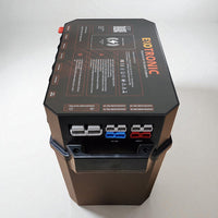 Side view of battery box with colour-coded Anderson plug inputs and outputs