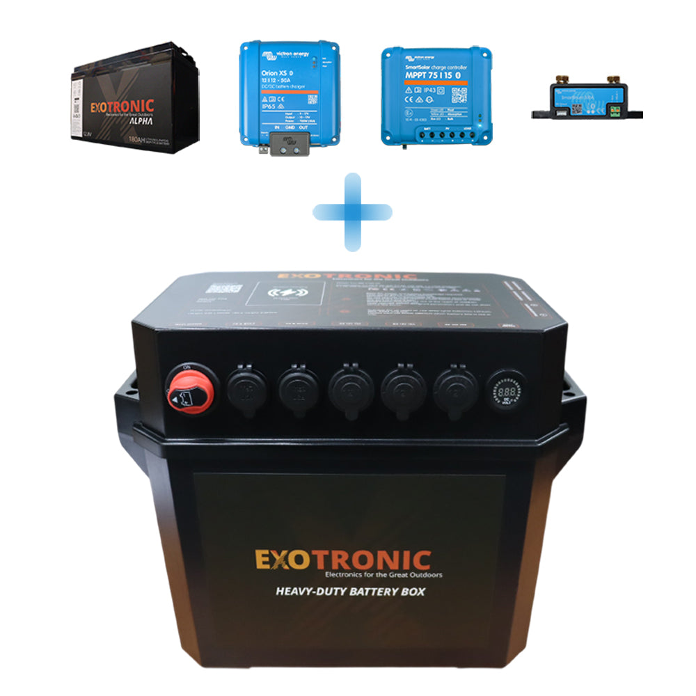 Composite view of Exotronic battery box kit with Victron Orion XS, SmartSolar and lithium battery