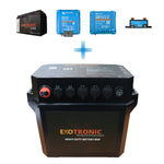 Composite view of Exotronic battery box kit with Victron Orion XS, SmartSolar and lithium battery
