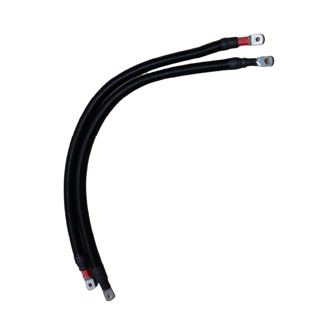 Pair of black corrugated battery cables with ring terminals