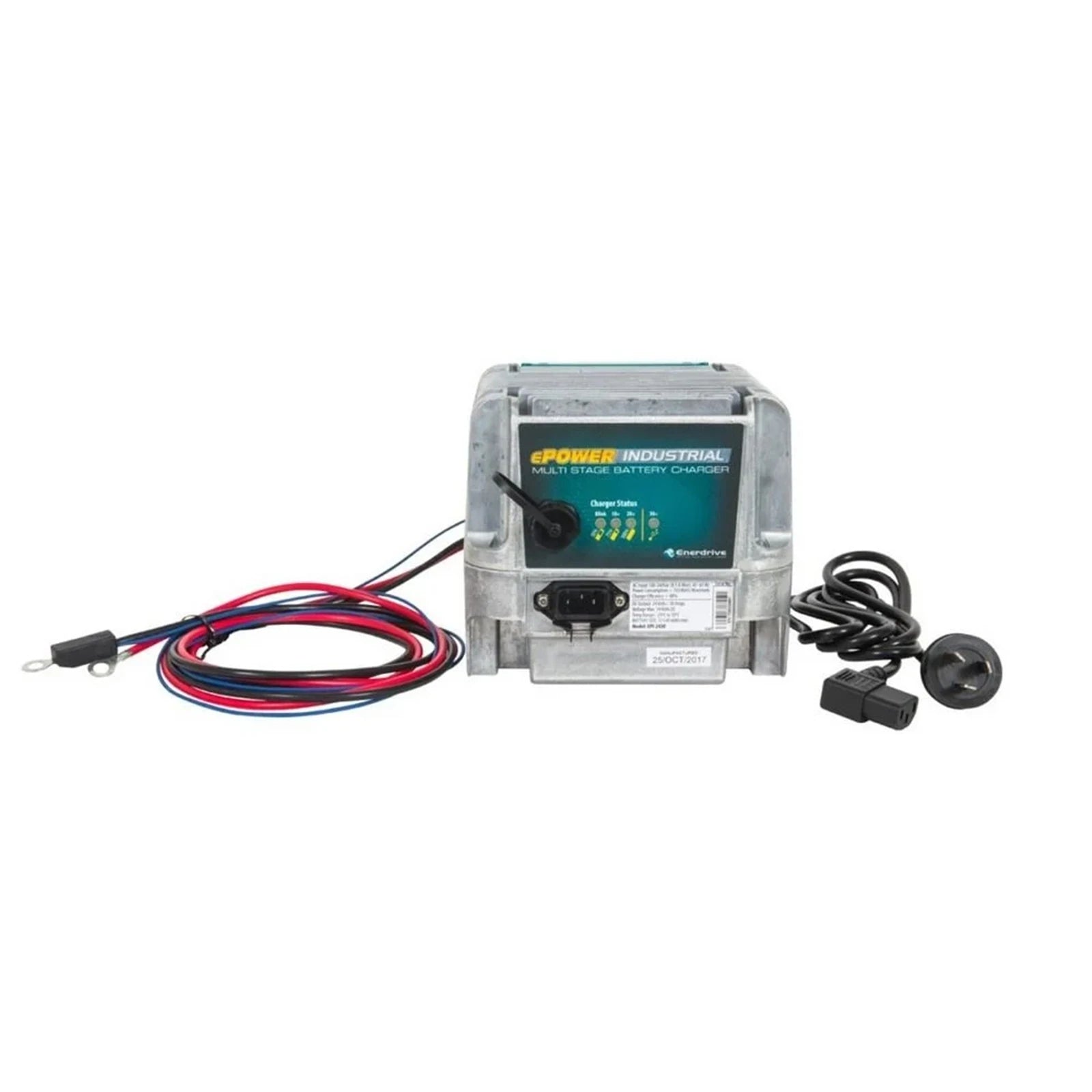 Front control panel of industrial battery charger with LED status display and IEC AC input