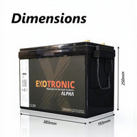 Diagram showing battery dimensions 383mm length 193mm width and 250mm height