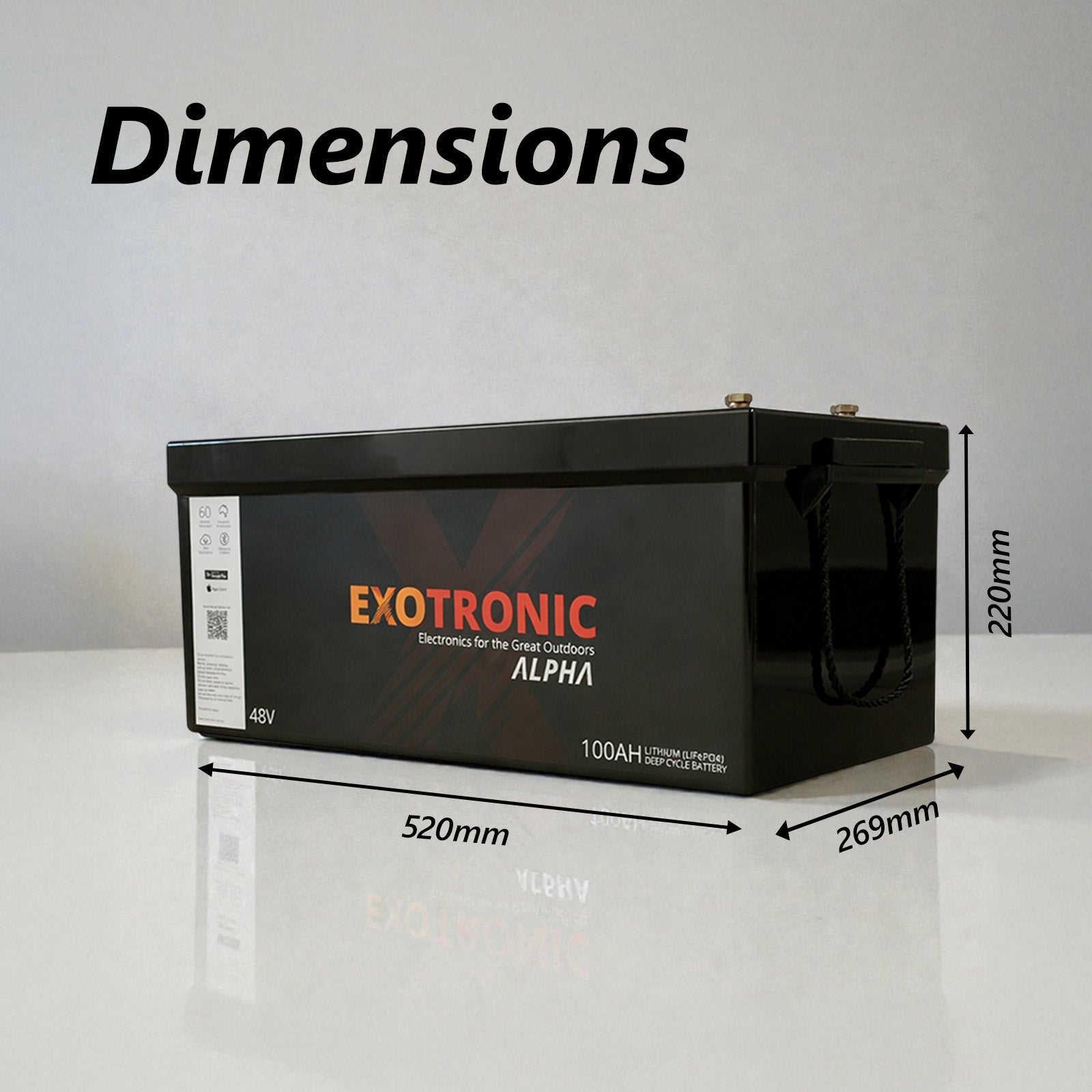Dimensional diagram showing 520mm length, 269mm width and 220mm height for 48V battery