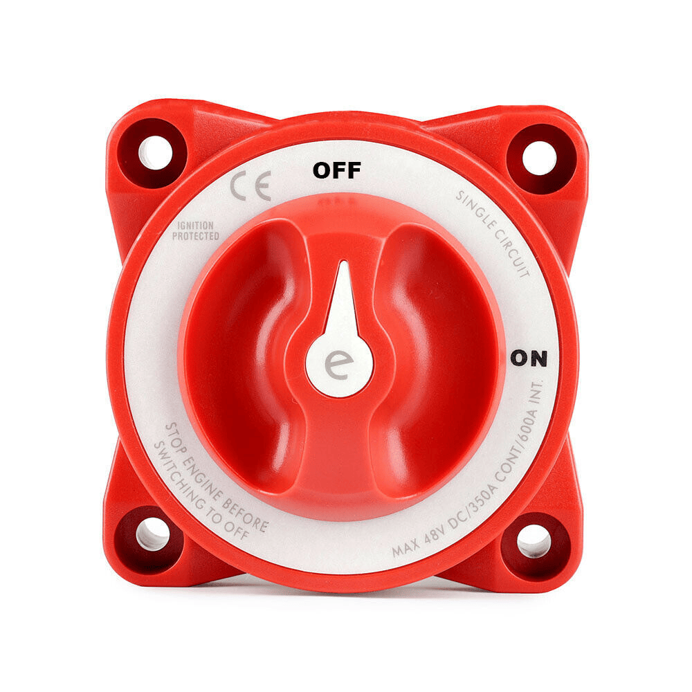 Top-down view of red battery isolation switch with clear ON OFF position labels