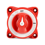 Top-down view of red battery isolation switch with clear ON OFF position labels