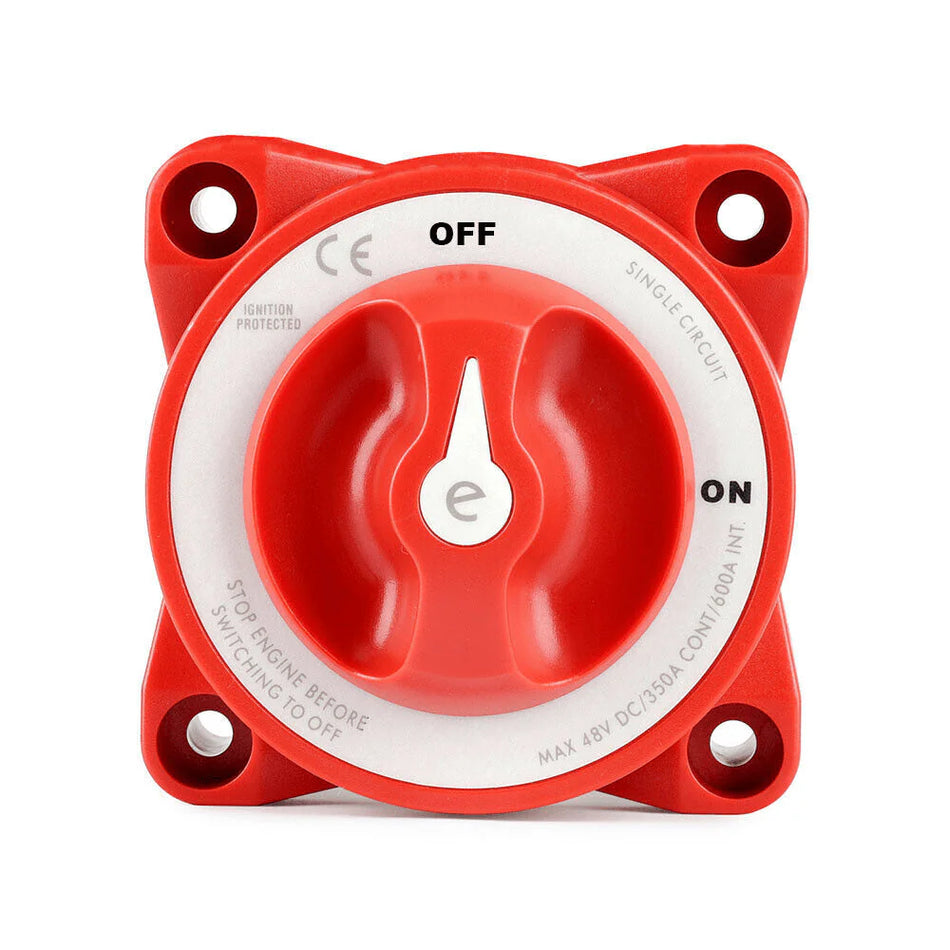 Top-down view of red battery isolation switch with clear ON OFF position labels