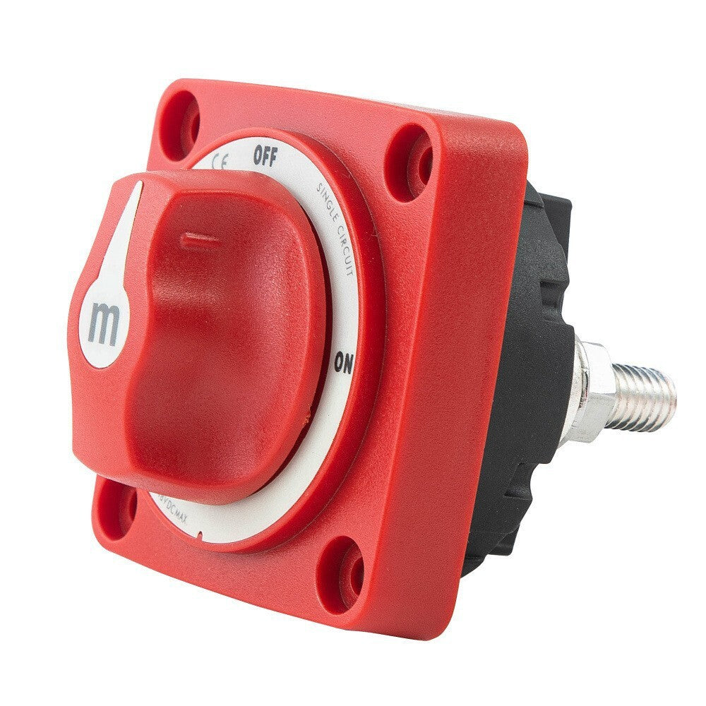 Side perspective of red master power switch showing rotary actuator height
