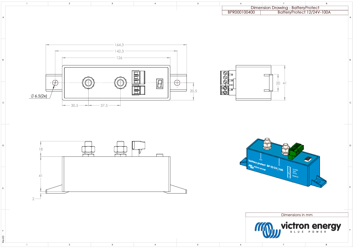 Dimensional drawing for Victron Battery Protect 12/24V-100A with measurements in millimetres