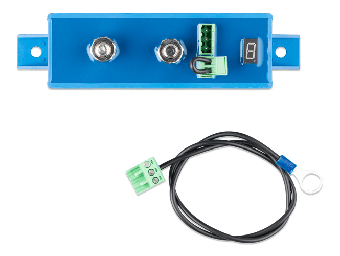 Top-down view of the Battery Protect 100A unit and the included terminal cable