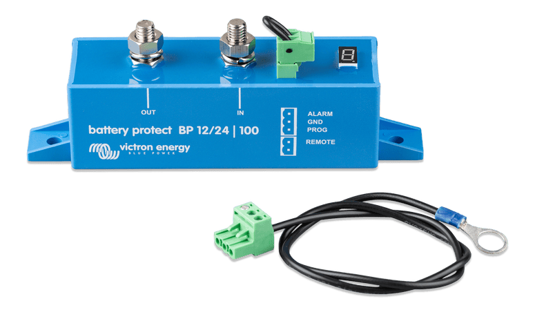 Victron Battery Protect 12/24V 100A unit shown with included remote terminal harness