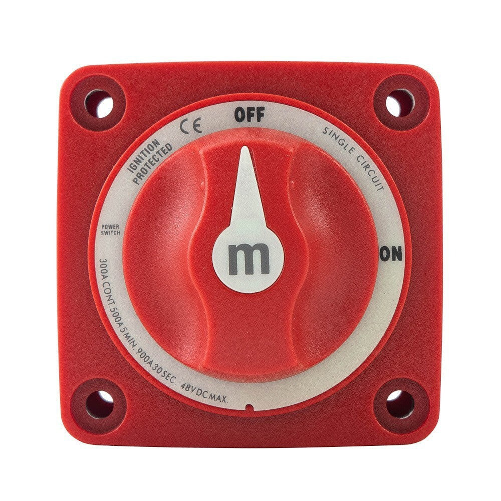 Top-down view of Exotronic 300A red battery switch with clearly marked on-off positions