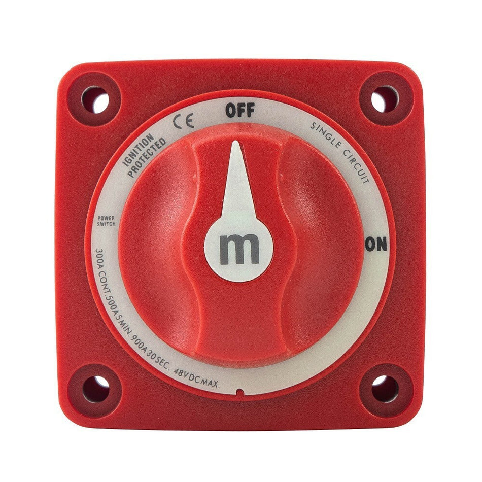Top-down view of Exotronic 300A red battery switch with clearly marked on-off positions