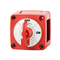 Side view showing the deep enclosure and cable entry slots of the red battery switch