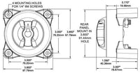 Technical dimensional drawing of the battery switch showing mounting holes and depth