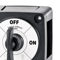 Close-up of the mounting hole and faceplate labelling of the battery switch
