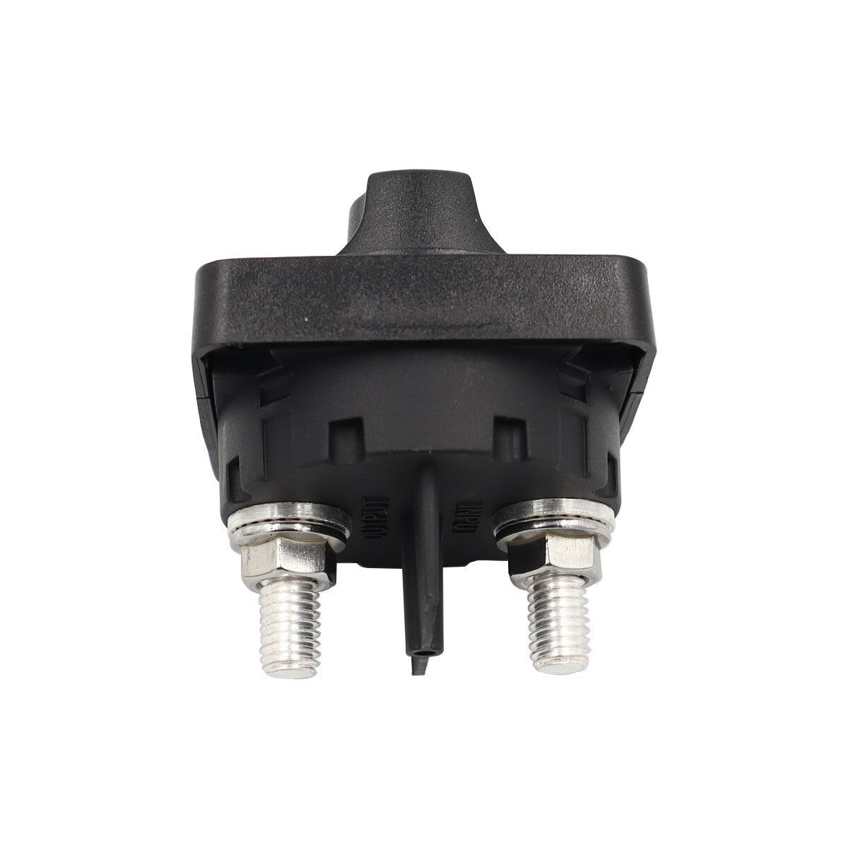 Underside of battery switch showing two M10 terminal studs with nuts and washers