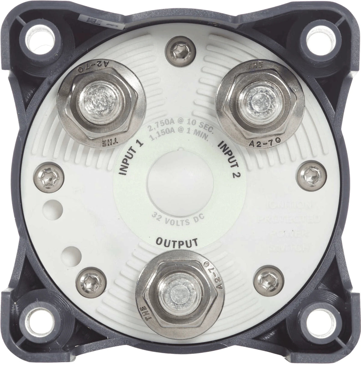 Rear connection interface showing large tinned copper studs for battery inputs and output