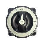 Top-down view of battery switch showing rotary knob and clear ON OFF position labels