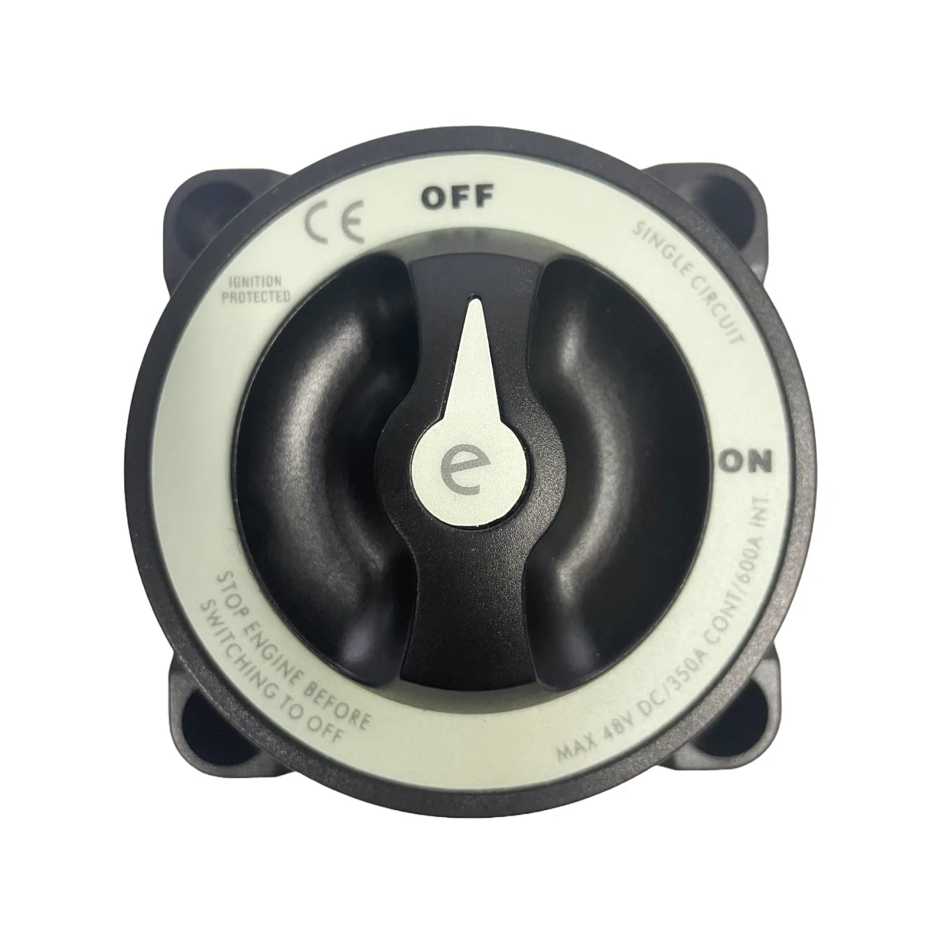 Top-down view of battery switch showing rotary knob and clear ON OFF position labels