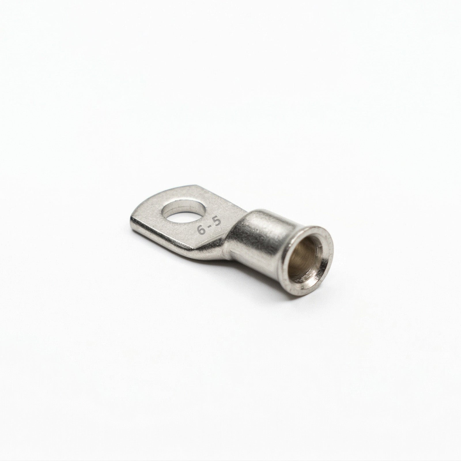Close-up of the flared bellmouth barrel on a 6mm² copper cable lug