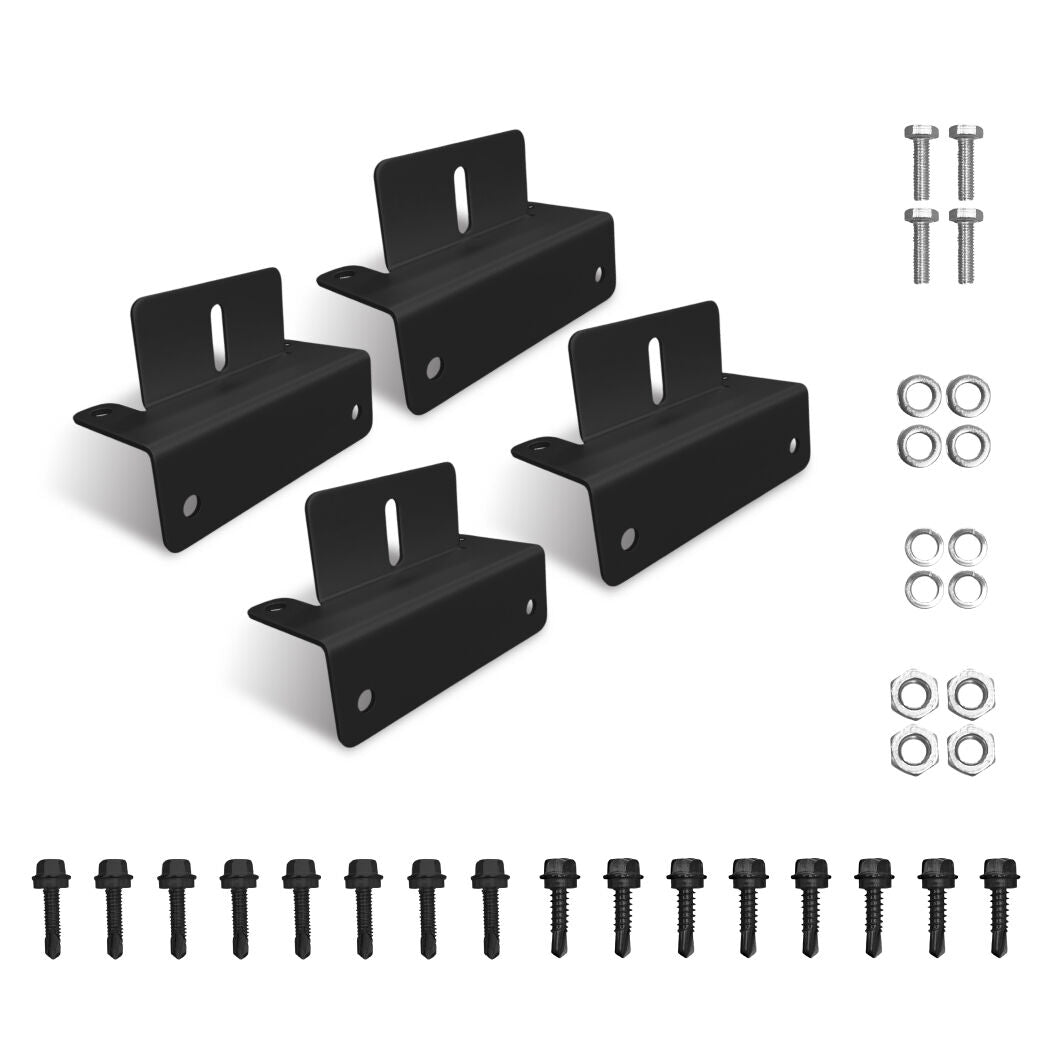 Set of four black aluminium solar panel mounting brackets with stainless steel bolts, nuts, washers and tech screws