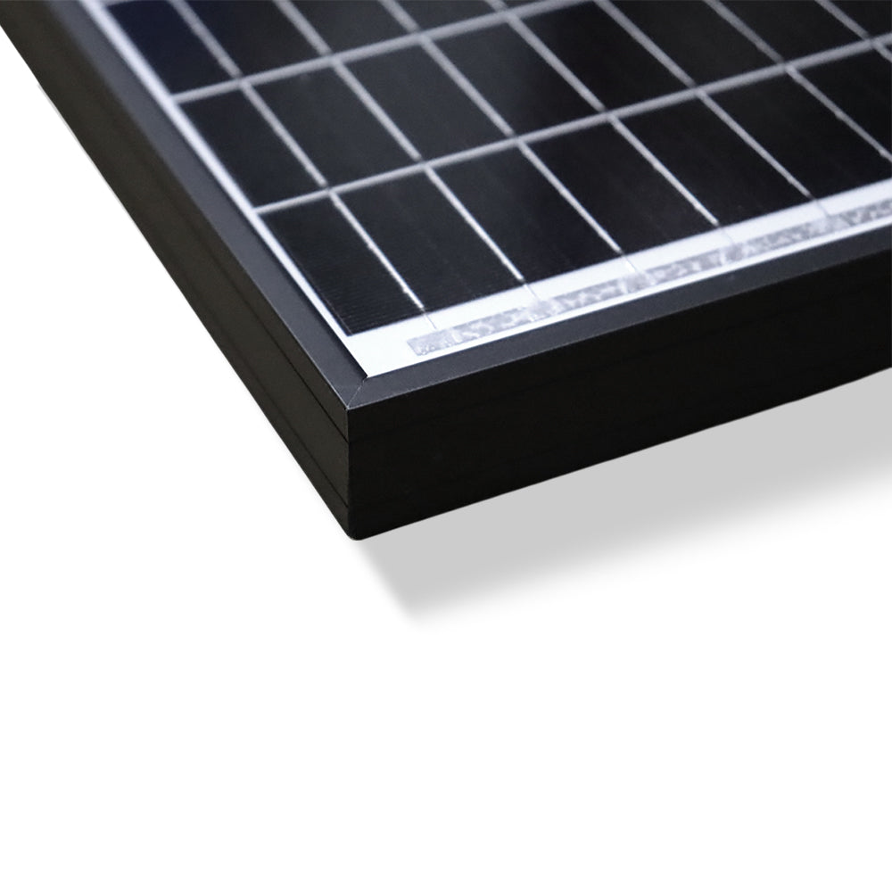 Corner detail of black anodised aluminium solar panel frame
